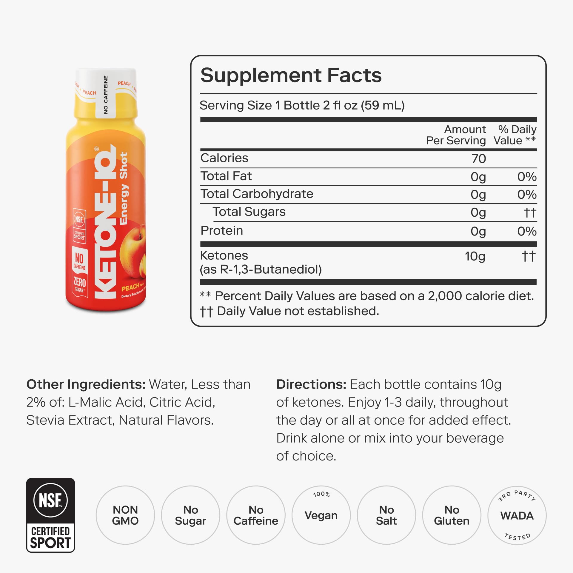 Ketone-IQ No Caffeine Ketone Shots – Drinkable Ketone Fuel, 10g Ketones, Sugar-Free, Caffeine-Free, 24 Pack (Peach)